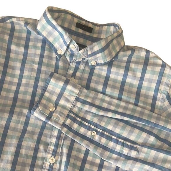 J Crew Blue and White Checked Long Sleeves Button Down Slim Shirt Size Small - Picture 1 of 7